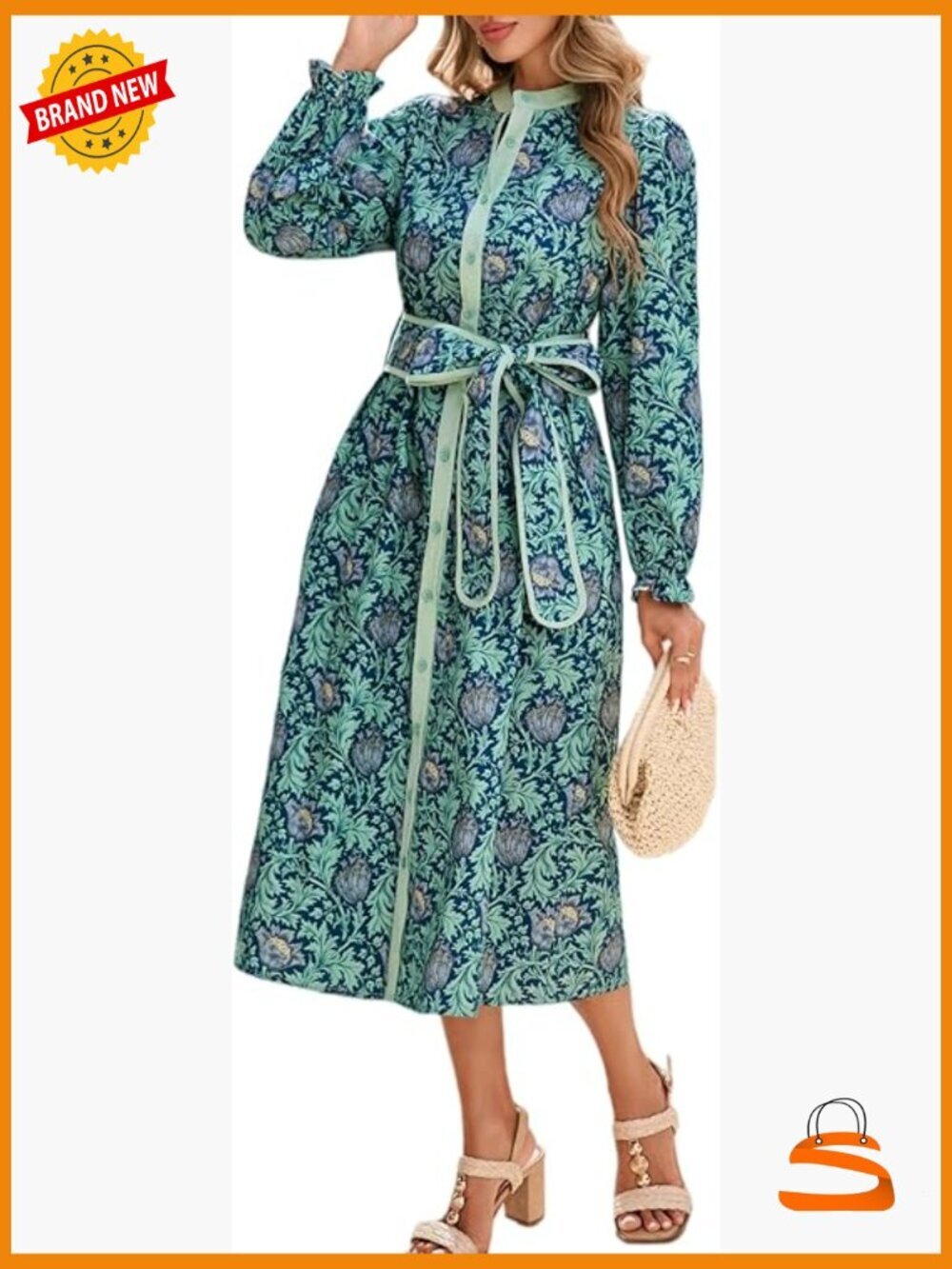 Floral Midi Dress Long Sleeve Button Down Shirt Dress with Belt
